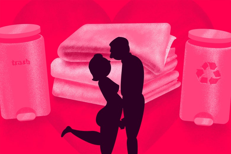 A silhouetted woman and man hold hands and stare into each other’s eyes in front of a backdrop featuring trash cans, towels, and a heart.